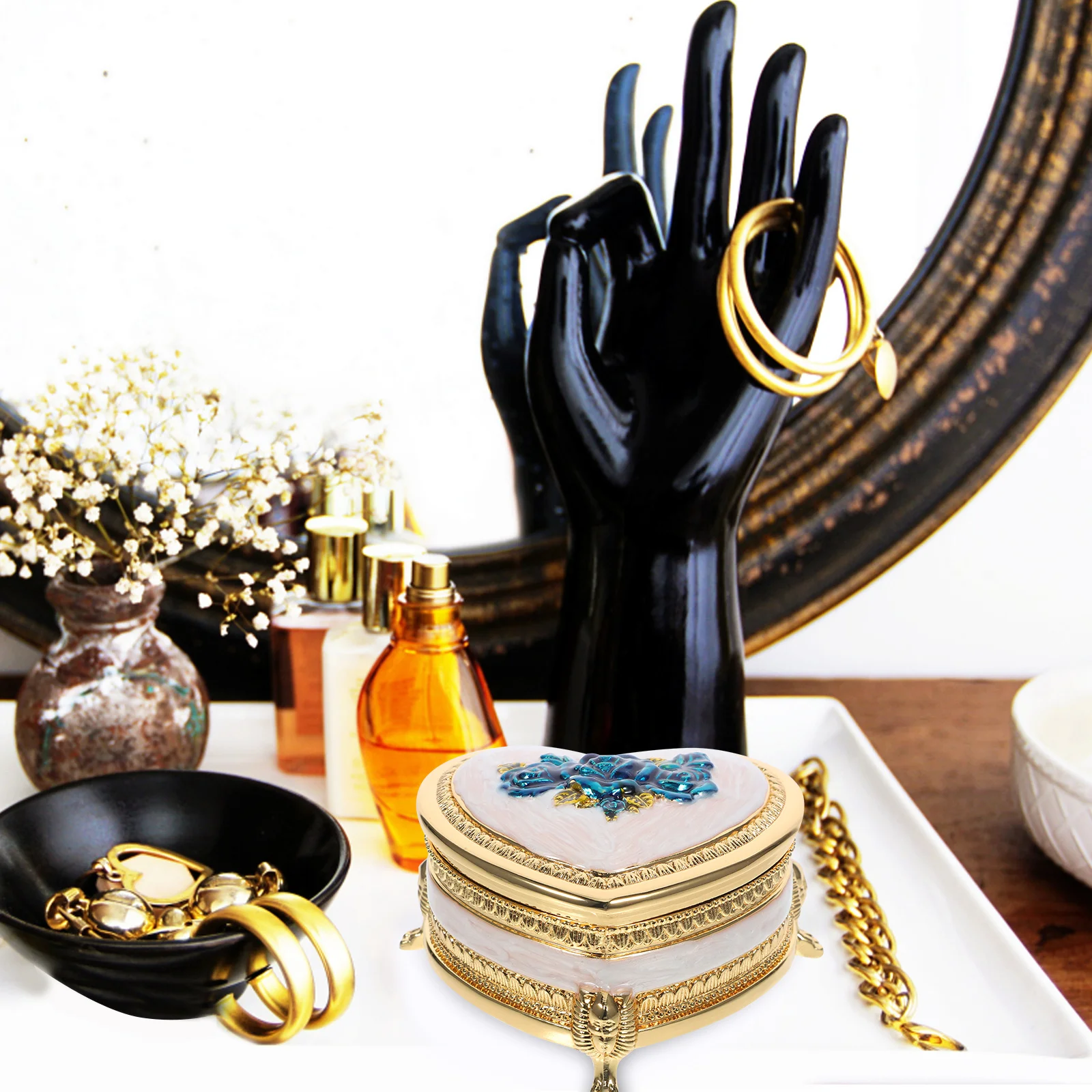 

Retro Style Vintage Heart Shaped Jewelry Box Chic Earring Ring Organizer Flannelette Lined Safe Sturdy Decorative Storage