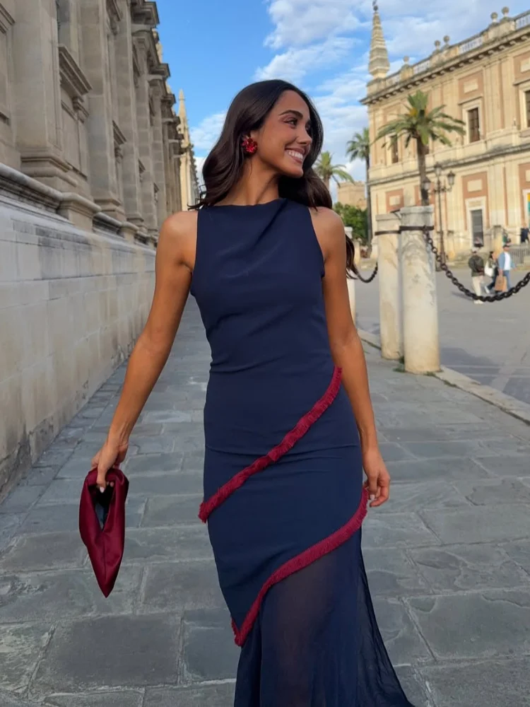 

Women Elegant Sleeveless Maxi Dress Chic O Neck Backless Slim Fit Mesh Patchwork High Waist Split Robes Summer Casual Streetwear