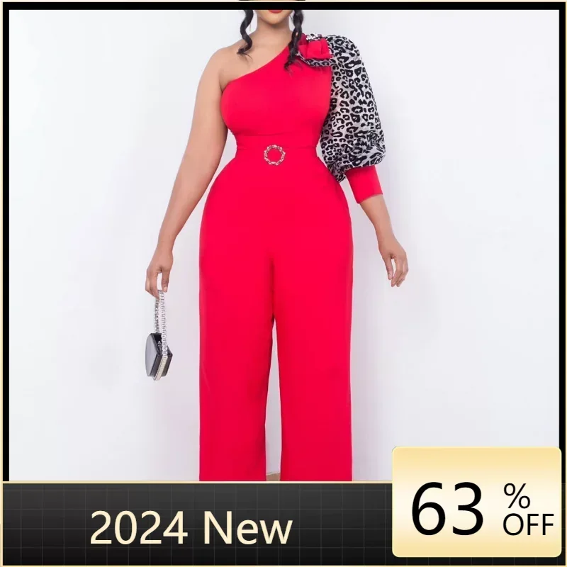 

One Shoulder Jumpsuits Women Vintage Elegant Diagonal Collar Printed Sleeve Belt Wide Leg Pants Party Club Lady Outfits 3XL