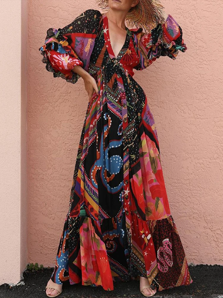 2022 Spring Summer Elegant V-Neck Bohemian Loose Maxi Dress Fashion Print Vacation Beach Dresses Women Vintage Long Sleeve Dress