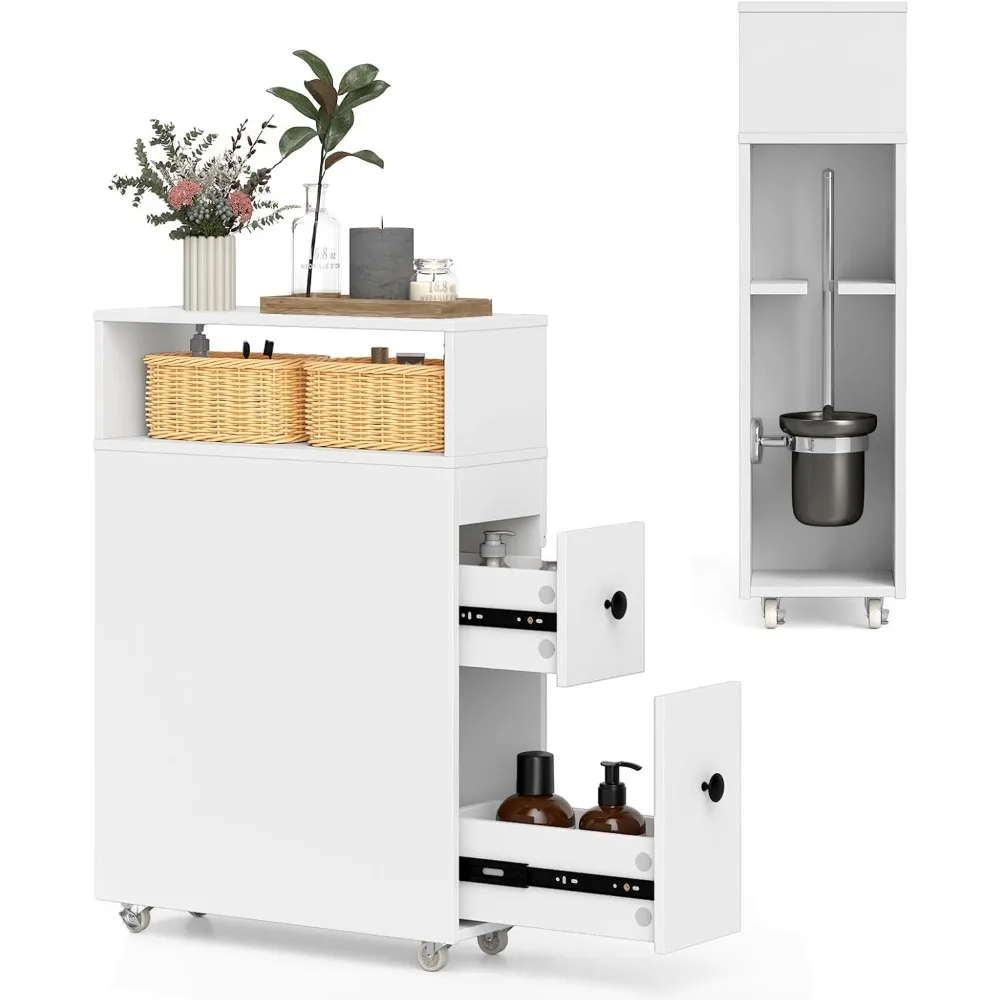 

Small Bathroom Storage Cabinet - Slim Bathroom Organizer with Wheels, 2 Drawers, 2 Baskets, Brush Holder.