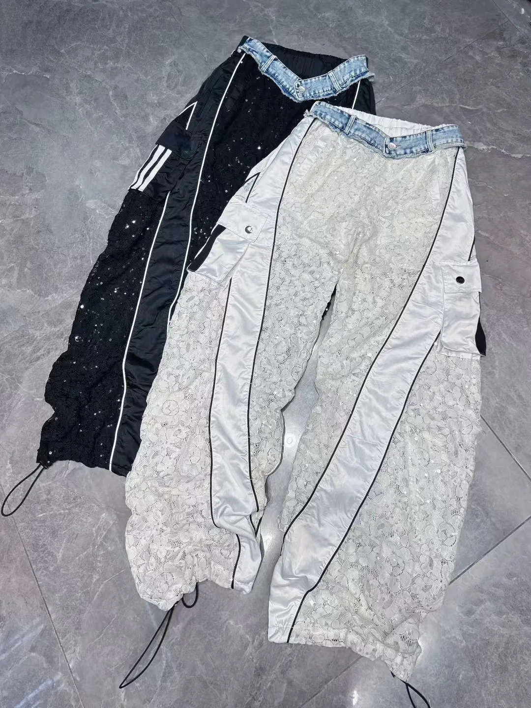 European Lace Scimitar Pants Women's 2025 Summer New Personalized Denim Splicing Pocket Loose Banana Trousers Balck Pants