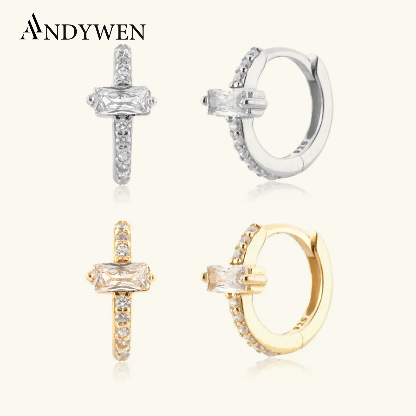 

ANDYWEN 925 Sterling Silver Gold One Zircon Pave Huggies Hoops Clips Piercing Women Fine Jewelry Rock Punk Jewels Pendientes