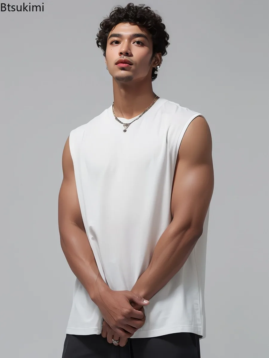

New 2025 Men's Summer Sleeveless Vest Wide Shoulder Simple Solid Color Loose T-shirt for Men Casual Round Neck Loose Vest Male
