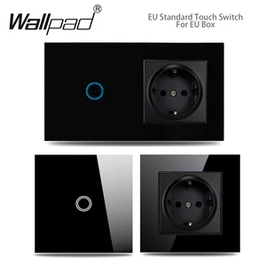 Touch light switch with EU wall socket, black, 1 gang, 1 way, switch led, dark blue crystal back light, wallpad, house improvement 8 Main Sales Black Taking - №5