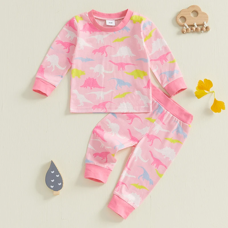 Cute Baby Girl Spring Fall Pajamas Sets Dinosaur Print O Neck Long Sleeve T shirt Tops with Elastic Waist Pants Girls Sleepwear