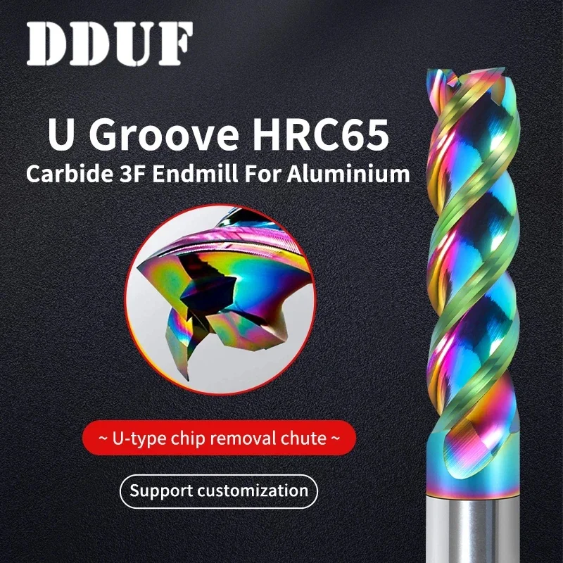 DDUF HRC65 DLC Color Coated High  Aluminum Milling Cutter  CNC U-groove  Tungsten Steel 3 Flute Carbide End Mill