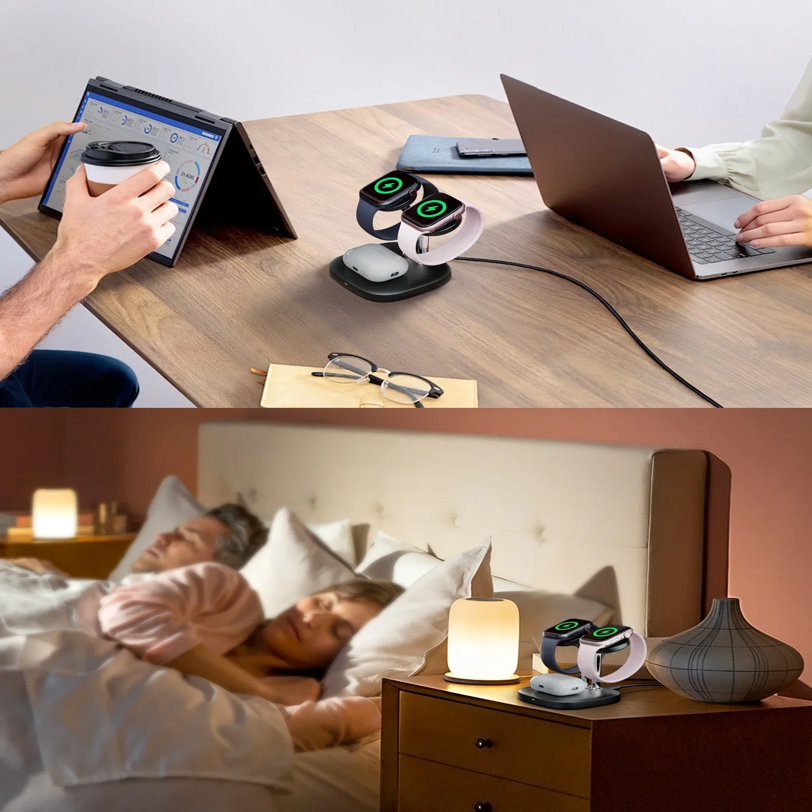 SwanScout 704A Dual Watch Charger Stand for Apple Watch Ultra 3 SE 2 11 10 9 8 7 6 Wireless Charging Dock for AirPods 4 Pro 3 2 - náhled 5