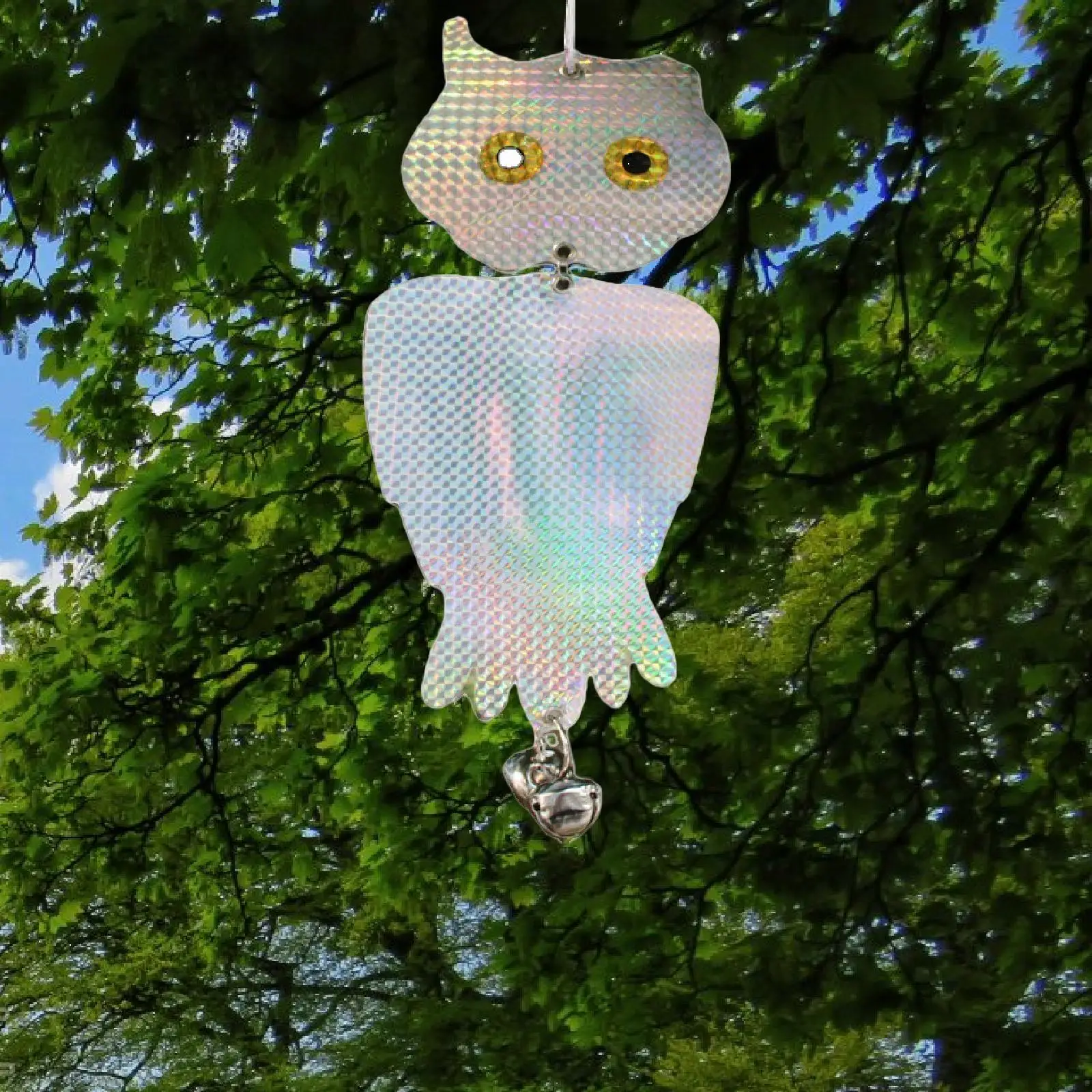 Hanging Reflective Owl Decorative Keep Birds Away Bird Scare Fake Owl Decoy with 2 Bells for Home Trees Yard Window Farmhouse
