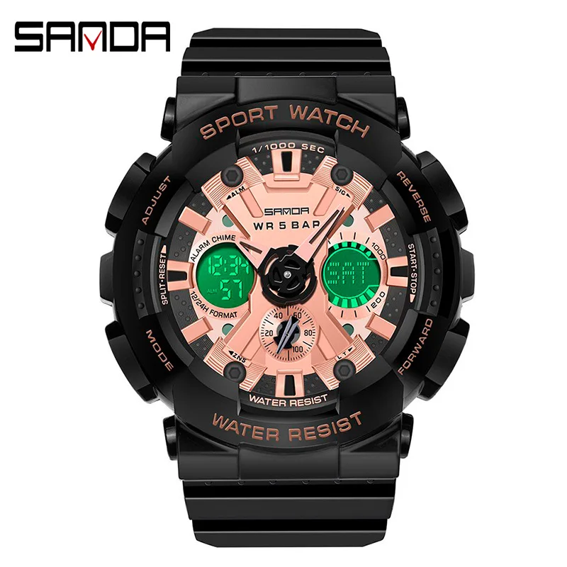 SANDA Dual Display Men Sports Quartz Watches LED Electronic Digital Wristwatches Waterproof Military Watch Relogios Masculino