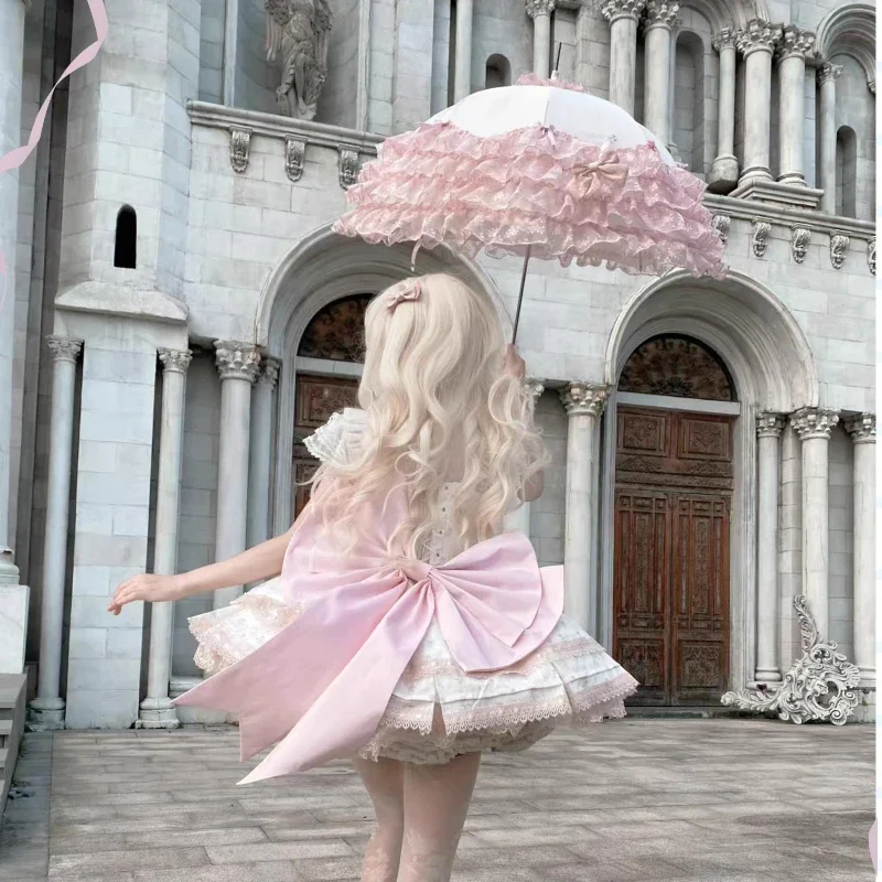 Damska Urocza Sukienka Lolita na Ramiączkach z Koronkowym Wykończeniem i Kokardą, Słodka Sukienka JSK z Przezroczystą Siateczkową Koszulą, Wyszczuplająca Sukienka Księżniczki dla Dziewcząt na Lato