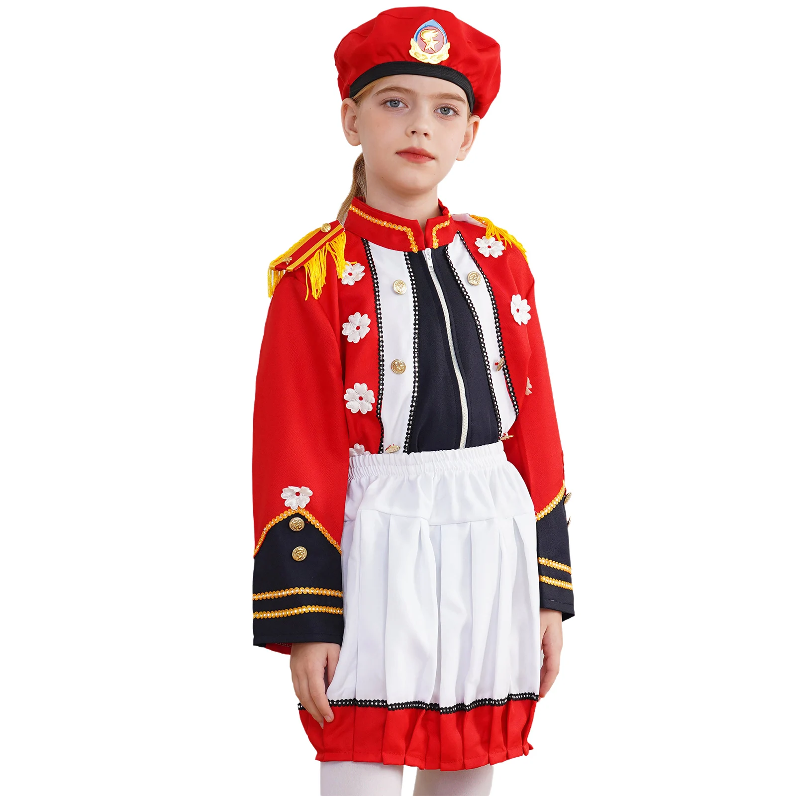 Girls Drum Trumpet Uniform Carnival Marching Band Honor Guard Performance Costume Flag Raising Outfit Top with Skirt Cap Set