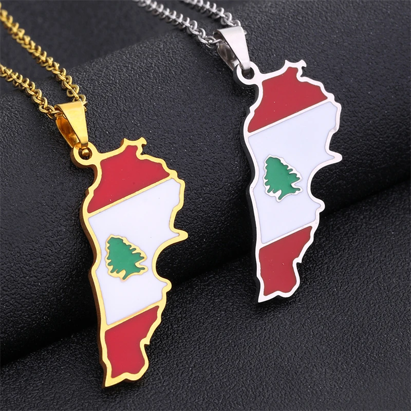 New Stainless Steel Lebanon Map With Flag Pendants Necklaces Silver Color/Gold Color Jewelry Lebanon Map Chain Necklaces