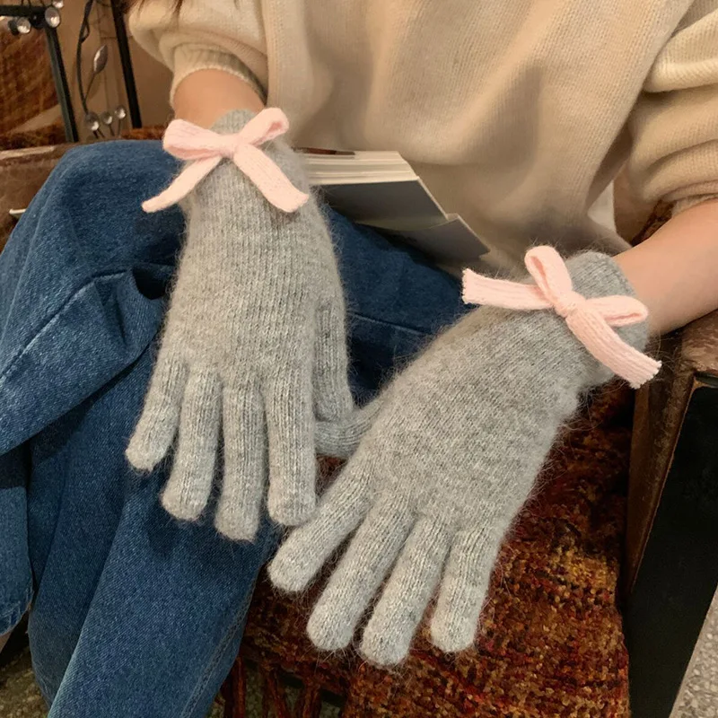 Koren Spally-Gants à écran tactile avec nœud papillon pour femme, mitaines de cyclisme pour femme, laine d'hiver, froid vert, accessoires japonais Y2k