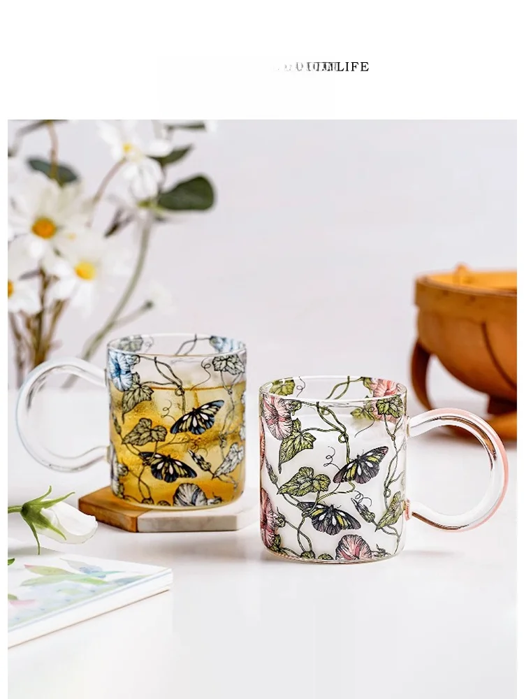 

Tlife Glory Vintage High Temperature Resistant Glass Cup Drinking Water Cup Beautiful Bding Flower Design Home Use Cup