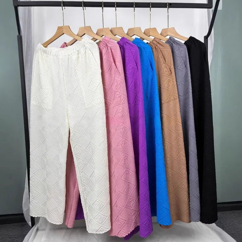 

Новые летние плиссированные брюки Miyake 2026 с вышивкой, женские, больших размеров, эластичные, прямые, широкие, повседневные, для работы и отдыха