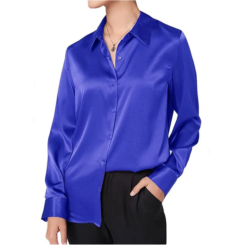 

Fashion Casual Blue Silk Shirt Woman Office Work Buttons Basic Satin Top long Sleeve Loose Shirts For Women Blouses Blusas 24657