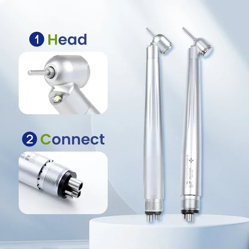 45° Dental High-Speed Handpiece 2/4 Holes, LED Option, Air Turbine, Triple Water Spray, Ceramic Rotor, Low Noise,Ceramic Bearing