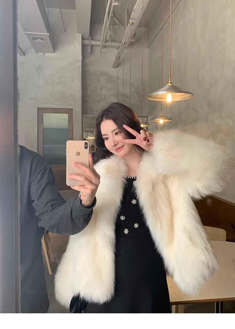 Women Faux Fox Fur Coats Solid Fur Jackets Cotton Linen Haf High Collar Long Sleeves Open Stitch Loose Casual 2026 Autumn Winter