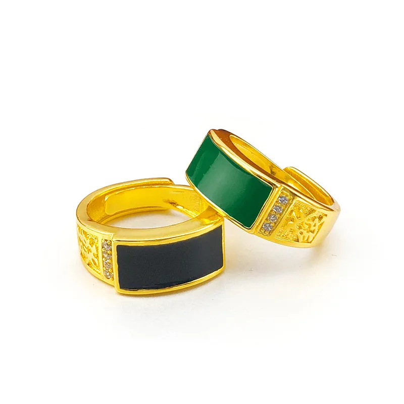 

Luxury Men's 9999 24K Real Gold Boss Ring Gemstone Green Wealth Rings Adjustable Inlay with Gemstone