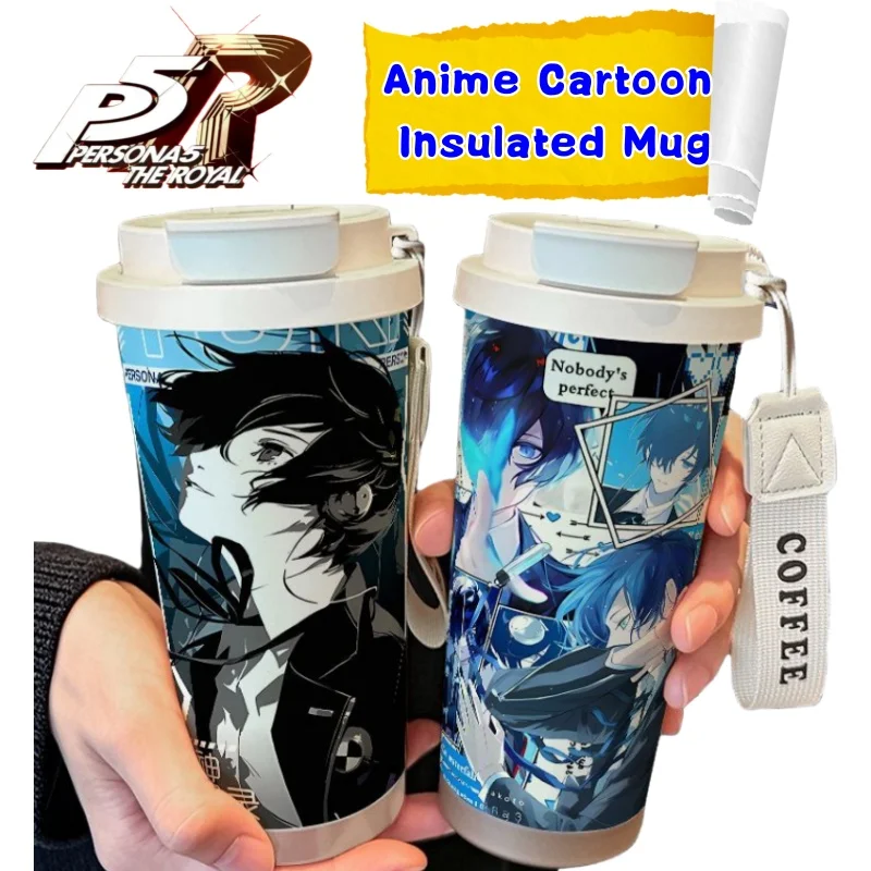 

persona Yu High Color Value Creative Stainless Steel Coffee Cup Student Portable Straw Double Drink Large Capacity Thermos Cup