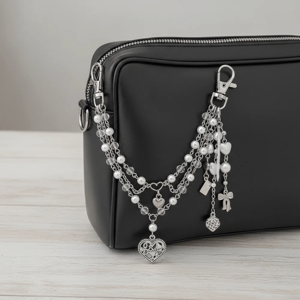 

Модный брелок-цепочка для сумки с имитацией жемчуга, акриловыми элементами в форме сердца, многослойным дизайном и металлическими бусинами, для школы