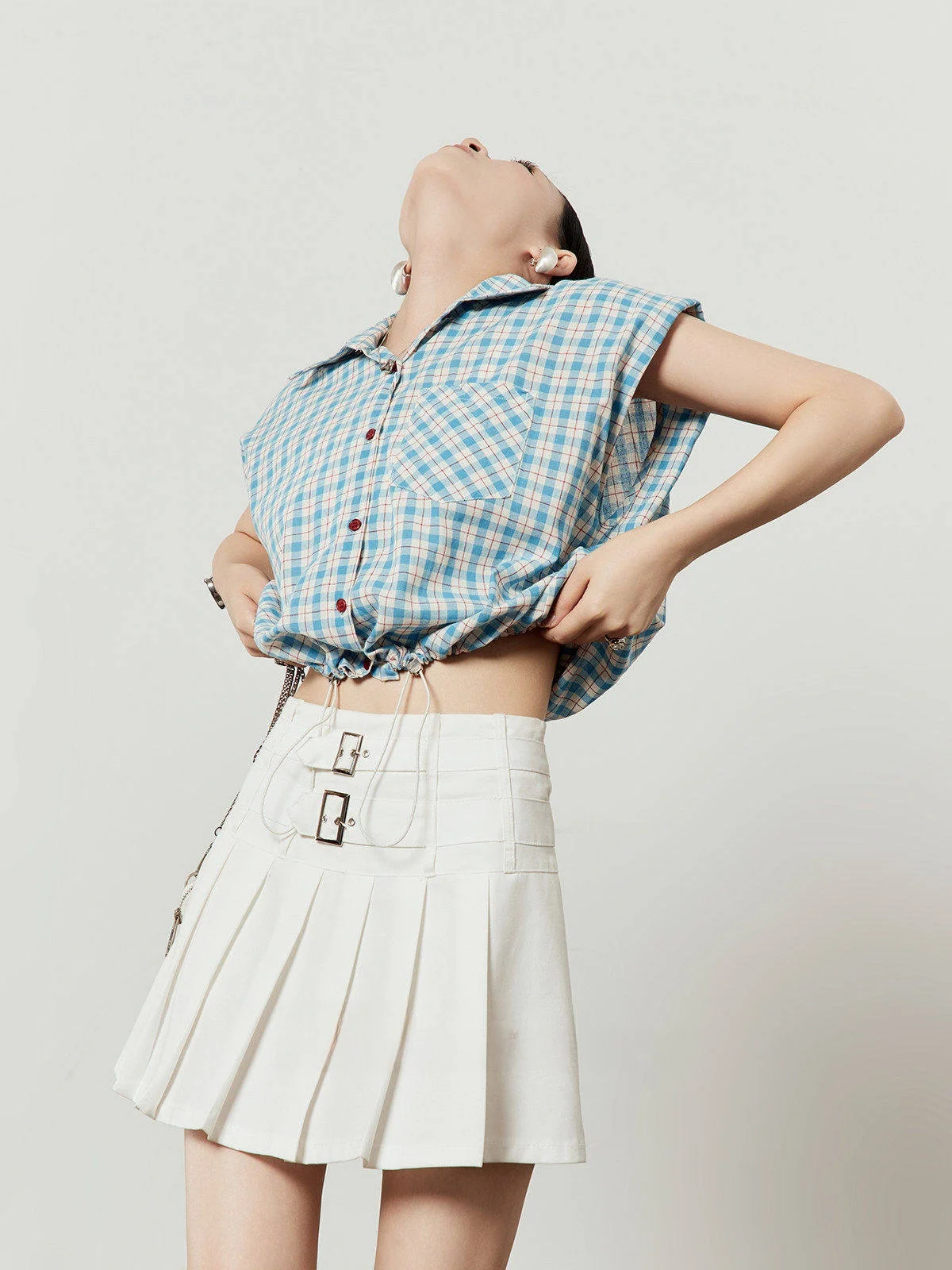 

Blue Plaid Women's irt Summer 2025 New Sle Dstring Hem Padded oulder Small Flng Sve irt Loose Fit UV Protection