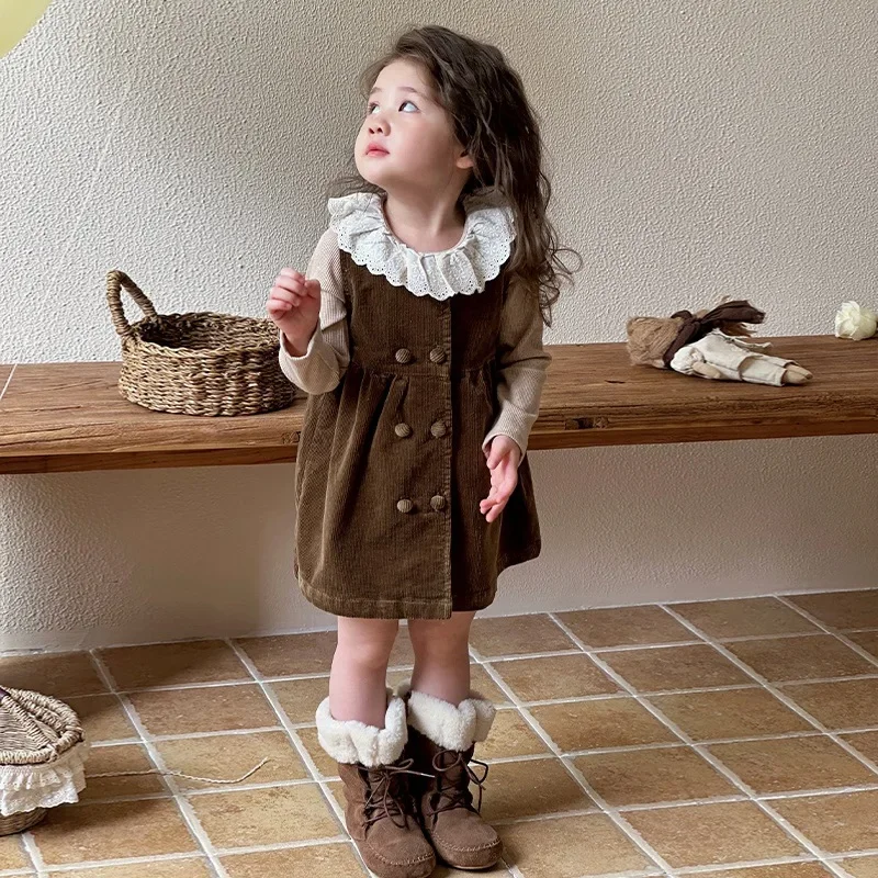 Dress Girl Spring Autumn Vest Skirt New Children Clothing Korean Corduroy Baby Sweet Causal Fashion 2024 Simple Loose