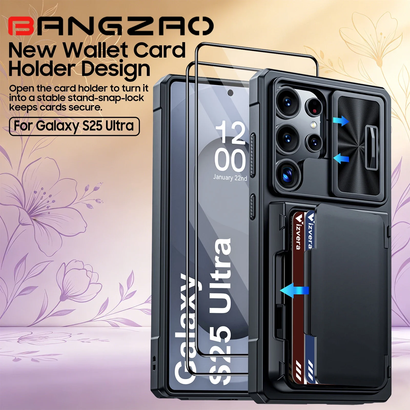 

For Samsung S25 Ultra Phone Case with RFID Card Slot & Lens Protector, Shockproof Cover - Great Mother's Day Present-Black