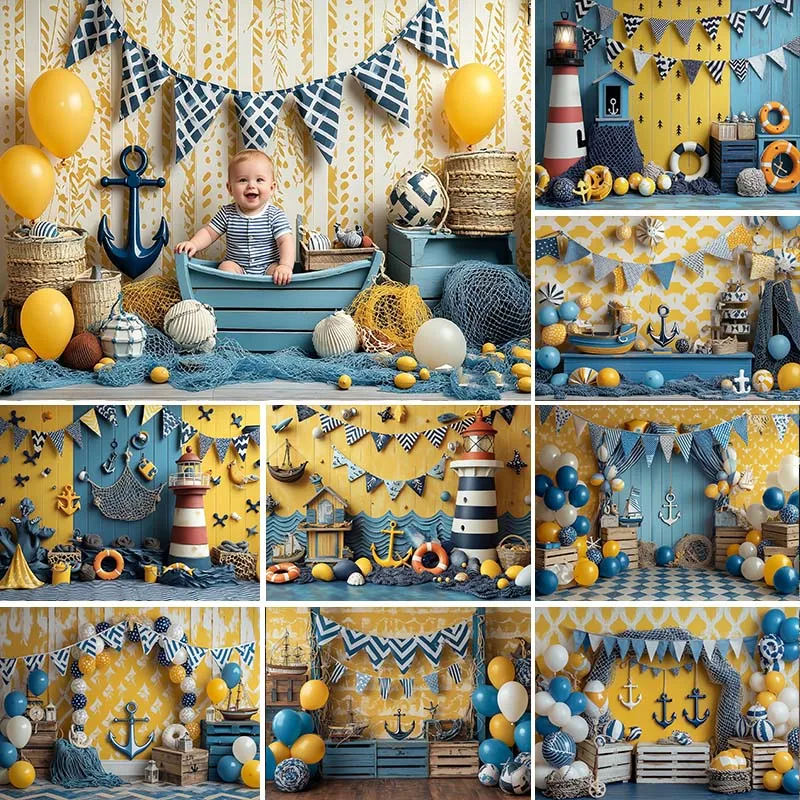

LS Summer Sail Boat Blues Backdrops Kids Adult Photography Baby Child Birthday Cake Smash Decors Boy Ship Captain Backgrounds