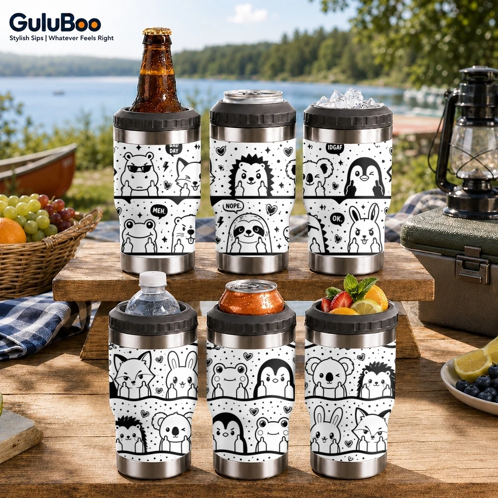 Monochrome Animal Doodles Vacuum Flasks 4-in-1 Insulated Beer Can Cooler Double-Wall Stainless Steel Coozie Coffee Cup Tumbler