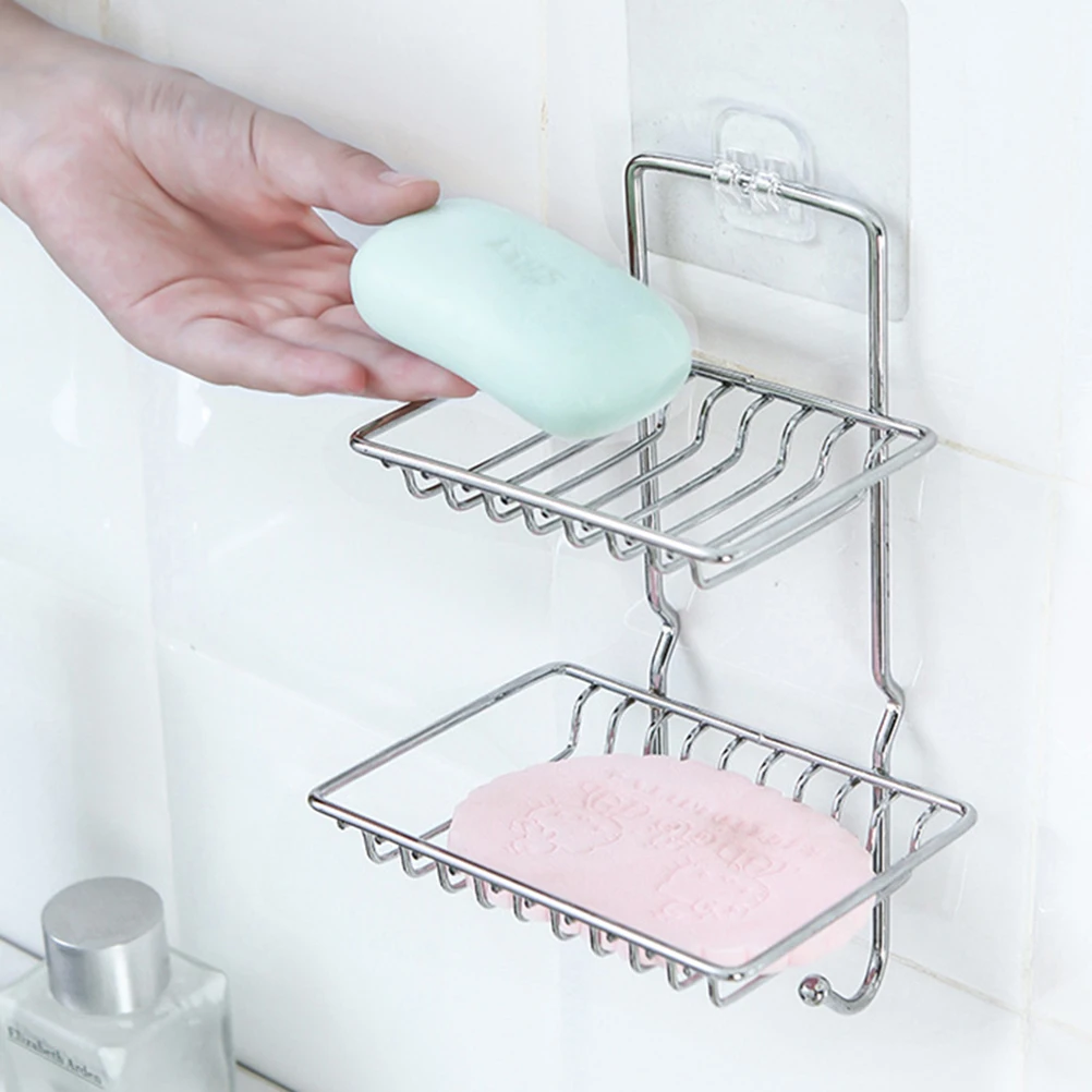 

Stainless Steel Double Layer Soap Holder Waterproof Oil Proof Adhesive Bathroom Shower Kitchen Office Easy Remove No Nails