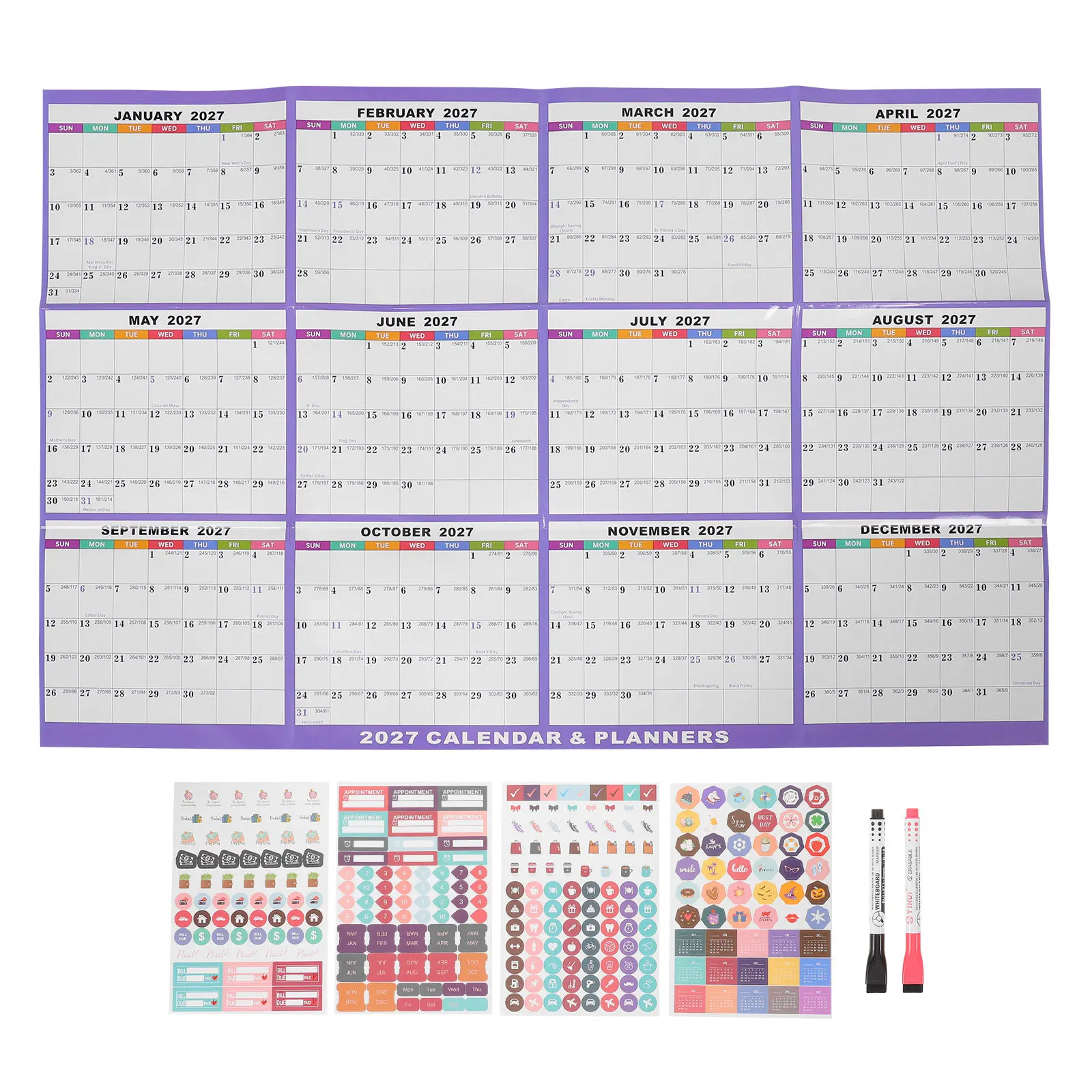 2027 Reversible Wall Calendar Dry Erase Double Sided 34.6x22.8 Annual Planner One Page Yearly Schedule for Office Home School