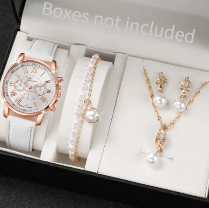 5 pezzi set orologio di lusso da donna anello collana orecchini perla strass orologio da polso femminile casual orologi da donna braccialetto (senza scatola)