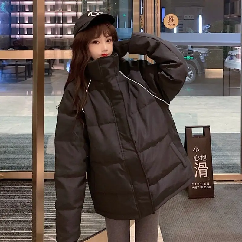 

2021 Fashion Cotton Coat WomenWinter Clothes Korean Version Loose Thick Harajuku Bread Quilted Jacket Mid-length Black Jacket