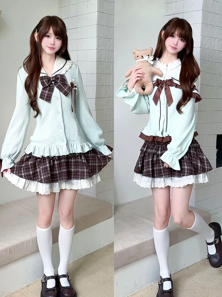 Classic Lolita 3 Piece Set Women Sailor Collar Puff Sleeve Bow High Waist Plaid Dot Ruffle Skirt Kawaii Japanese Fashion Clothes