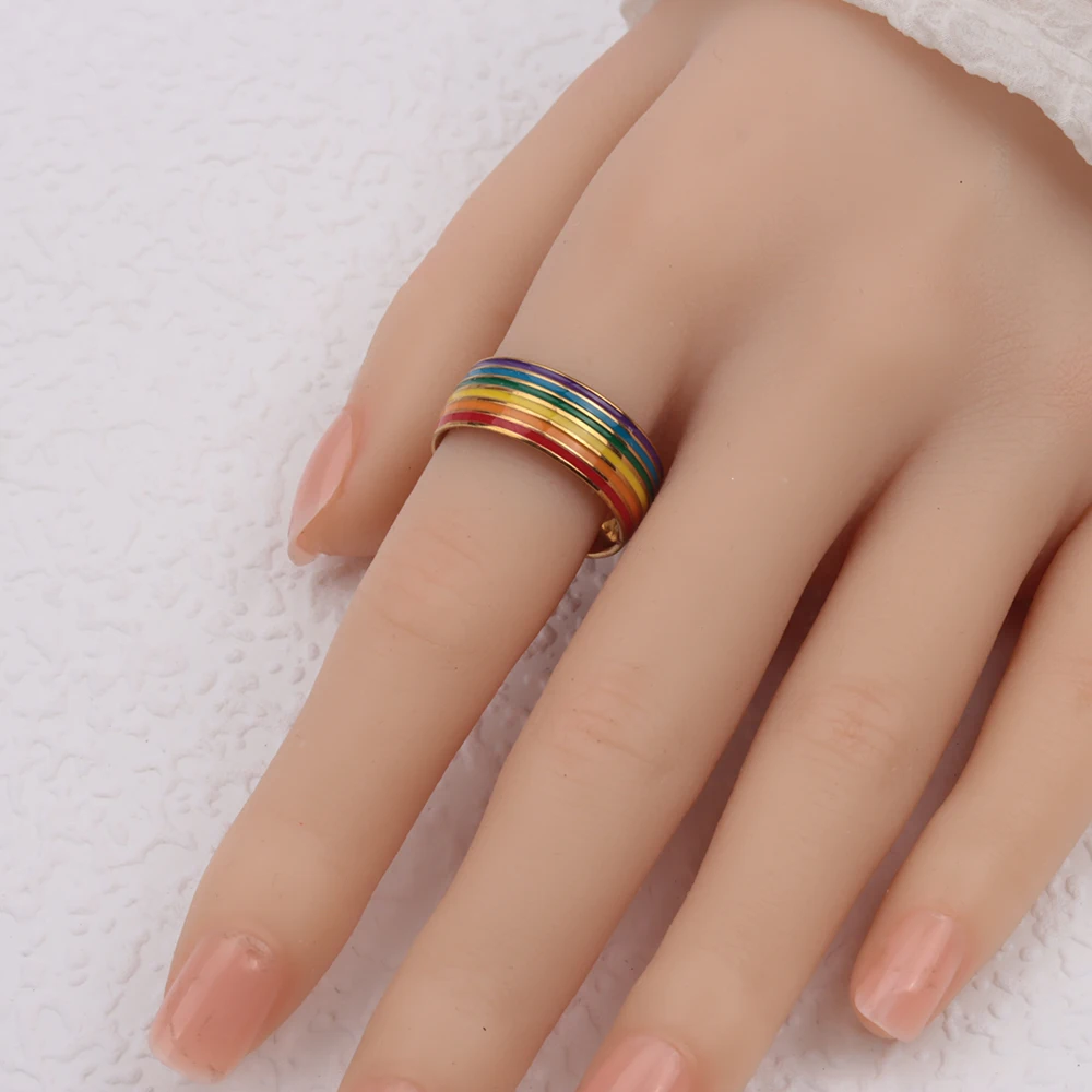 30pcs Wholesale 6 Row Color Enamel Waterproof Men Ring Rainbow Stripe Stainless Steel Ring For Women Colorful Band Ring Lovers G