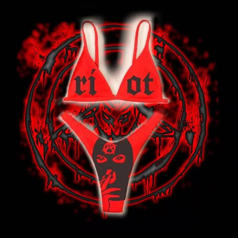 El Diablo Devil Print Bikini Set Women's Punk Style Two Piece Swimsuit Sexy Gothic Bathing Suit Beachwear Product Description