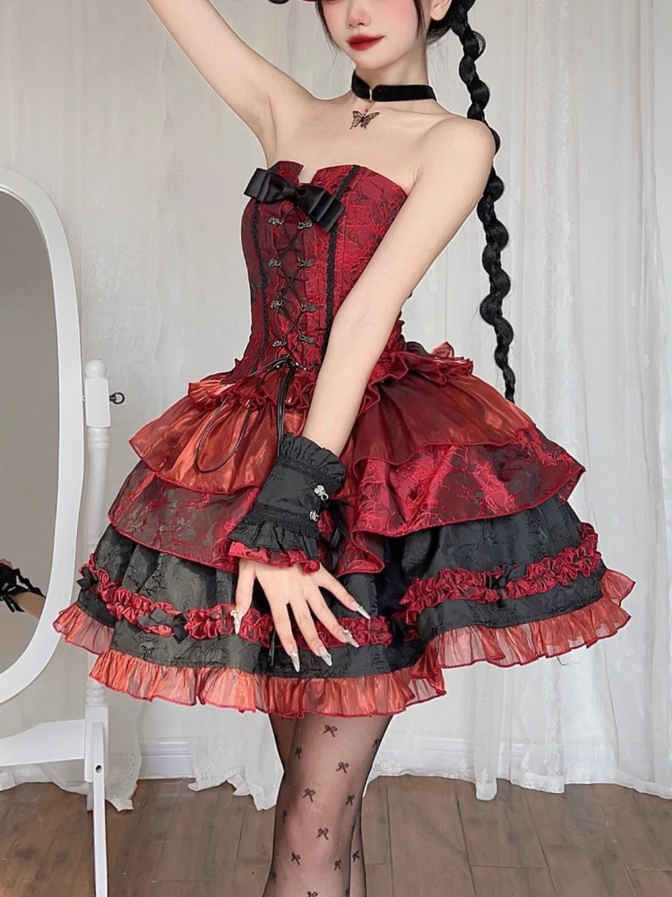 

Harajuku Punk Ретро Лолита Комплект из 3 предметов Женские готические шикарные пальто + топы Y2k + мини-юбка Японская мода с бантом Сладкая сексуальная уличная одежда