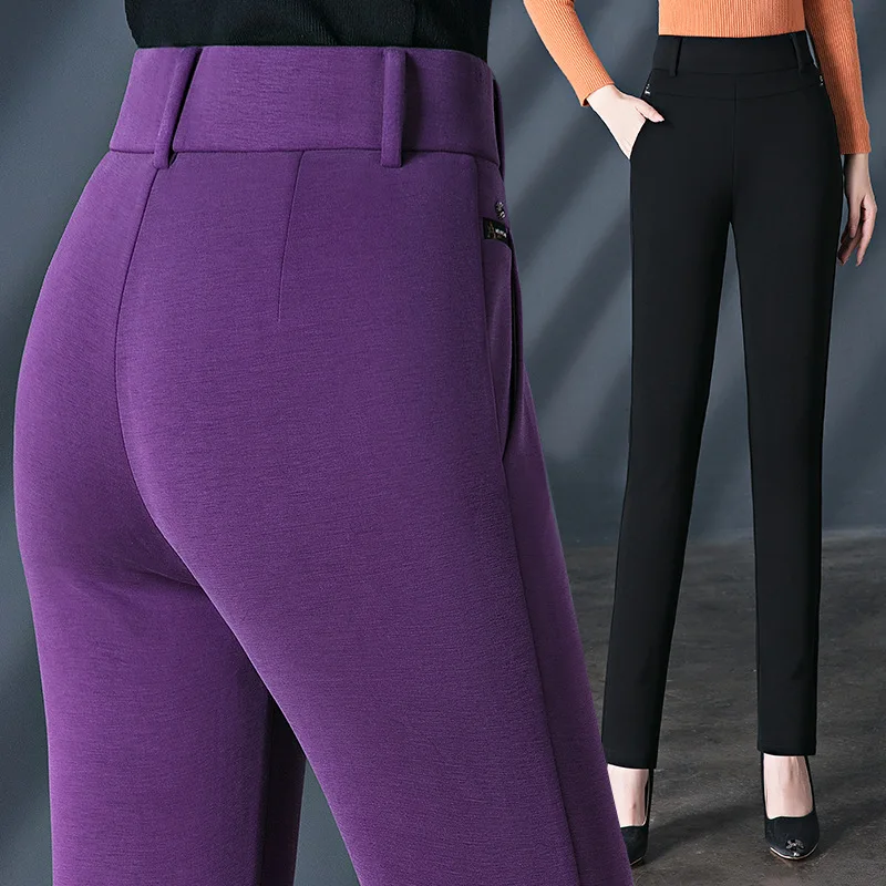 Purple Women's Outside Bottoming Pants, Black Elastic Waist Small Foot Pencil Pants, Fashion Casual Trousers, Asian Size