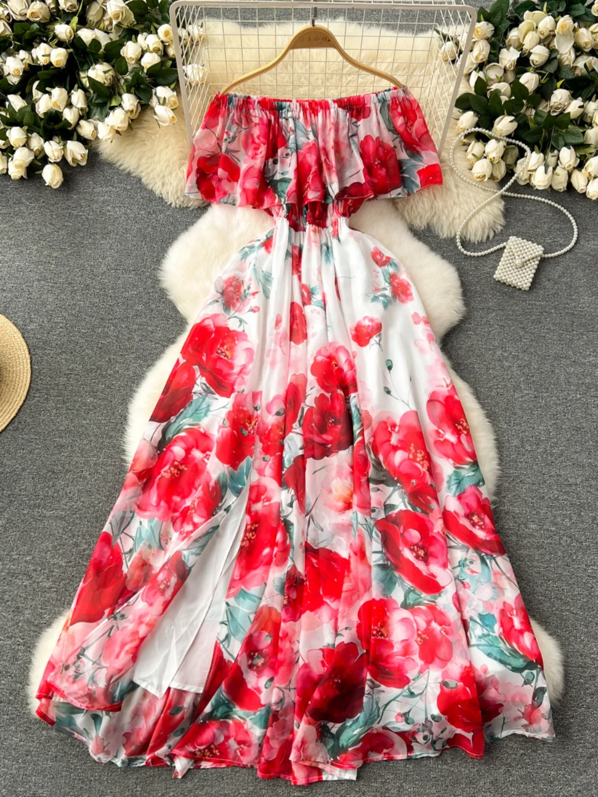 

off-Shoulder Ruffled Dress Women's Clothing Summer New Waist Slimming Temperamental Floral Vacation Skirt