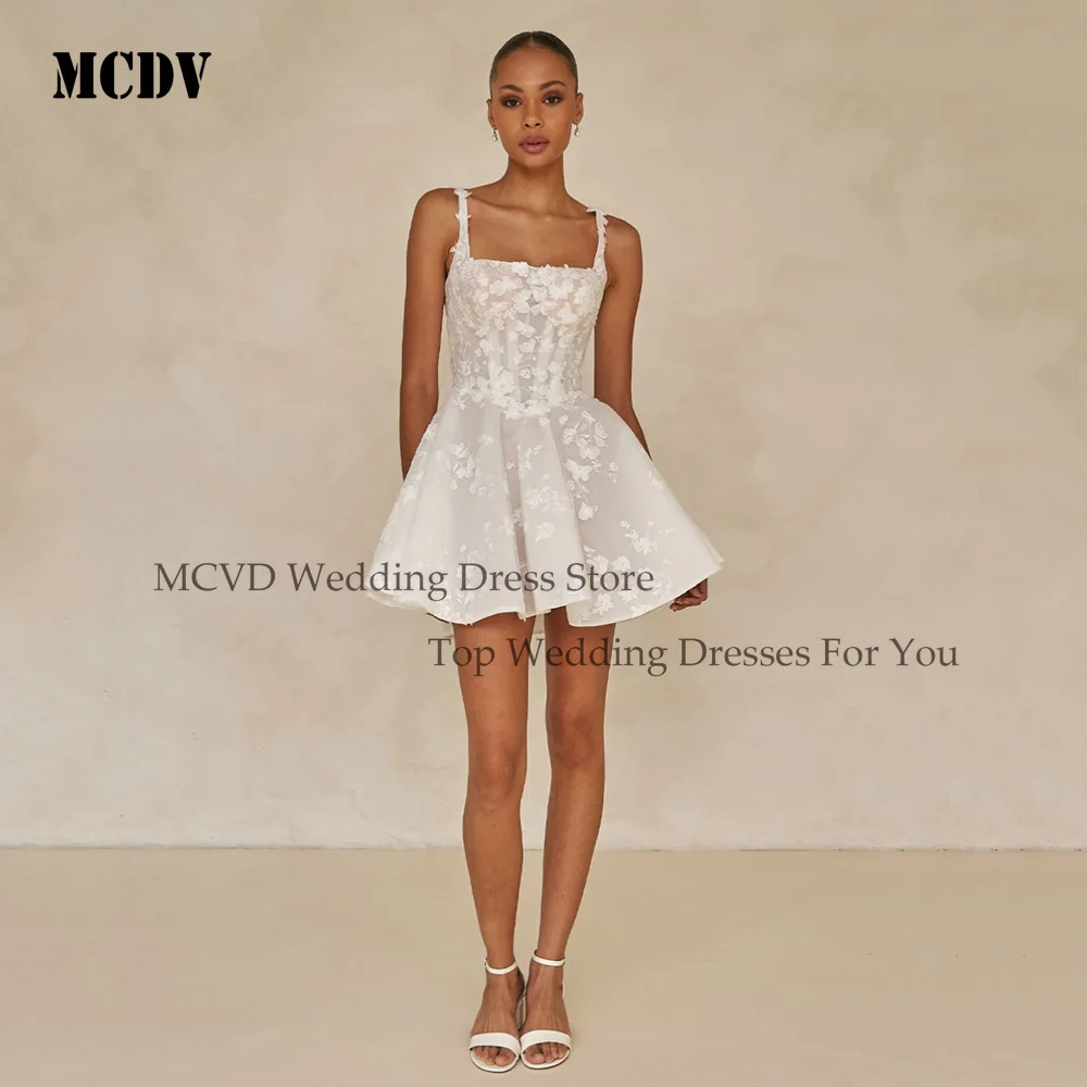 

MCDV Gorgeous Lace Appliques A-line Wedding Dress Spaghetti Straps Mini vestidos de novia Detachable Train Sleeveless Formal