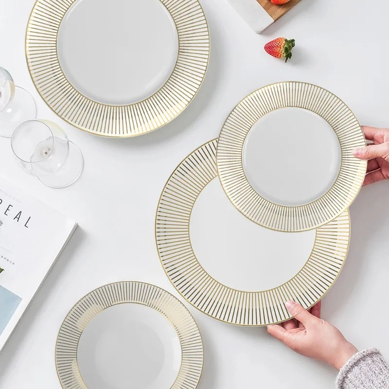 Simple gold line striped bone China tableware,plates set,hotel household meal plates,Western steak and pasta plates,table decor