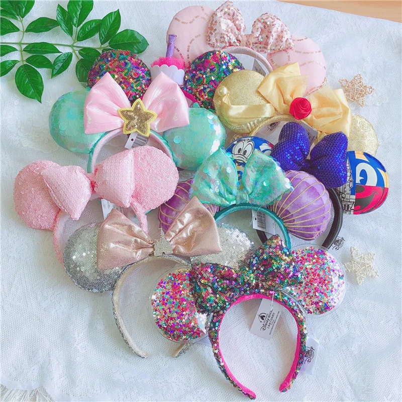 

Повязка на голову с ушками Микки Мауса Диснея для женщин, Диснейленд, уши Микки Мауса, плюшевый подарок на день рождения с блестками, вечерние аксессуары для косплея для девочек, игрушка