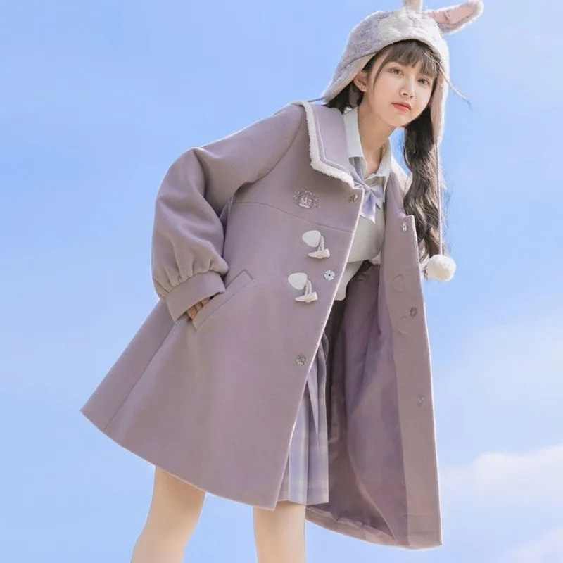 Autumn Winter Women Sweet Cute Rabbit Ears Wool Coat Japanese Soft Girls Turn-Down Collar Lantern Sleeve Outwear Warm Jackets