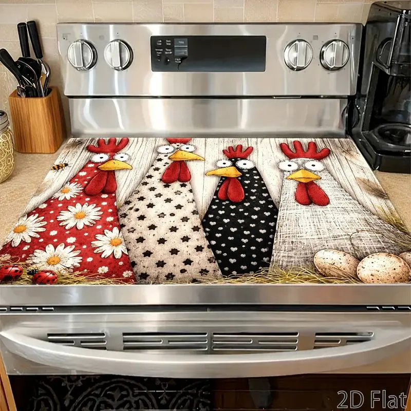 VIKAMA Rooster Stove Top Cover Mat Cartoon Chicken Print Cooktop Protector Pad Kitchen Counter Country Cozy Home Decor