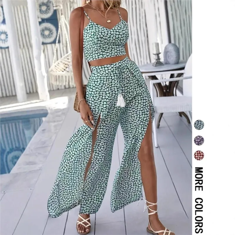 

Boho Simple Two-piece Set Summer Holiday Printe Suspender High Waist Slit Trousers Floral V-neck Top Two-piece Set Suit Women