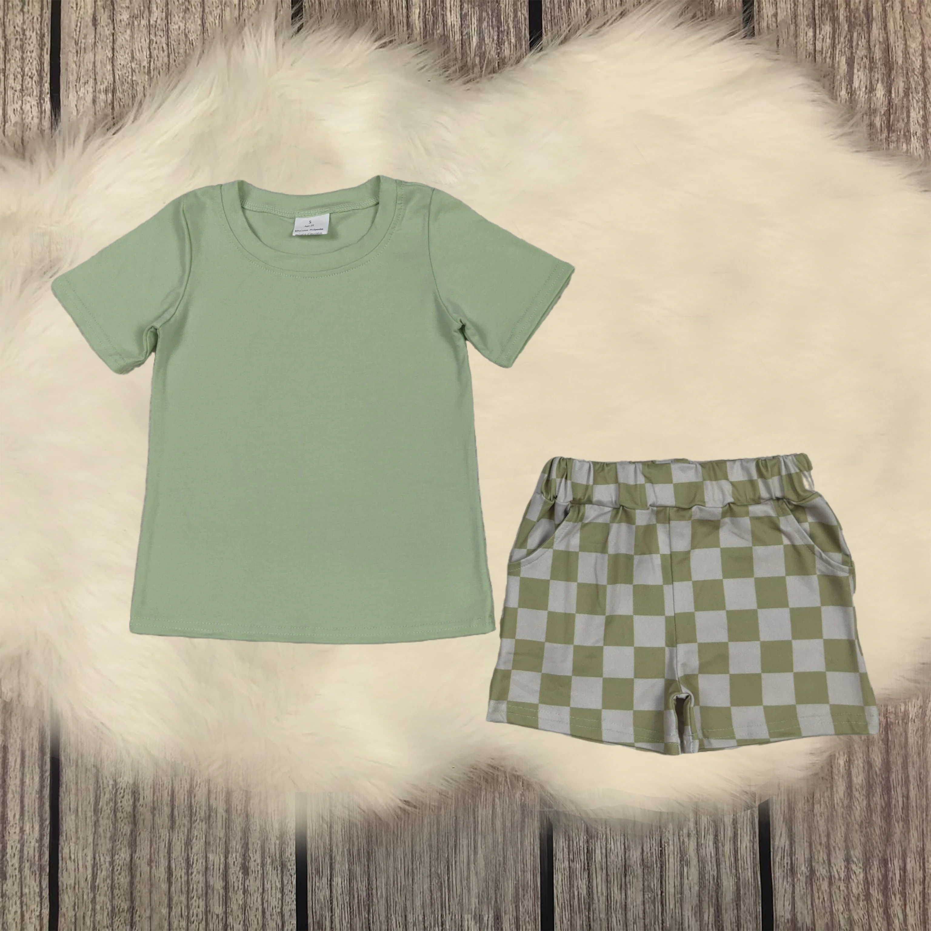 

Wholesale Baby Boys Green Cotton Short Sleeves Top Plaid Shorts Sets Clothes Infant Summer Two Pieces Kids Children Outfits