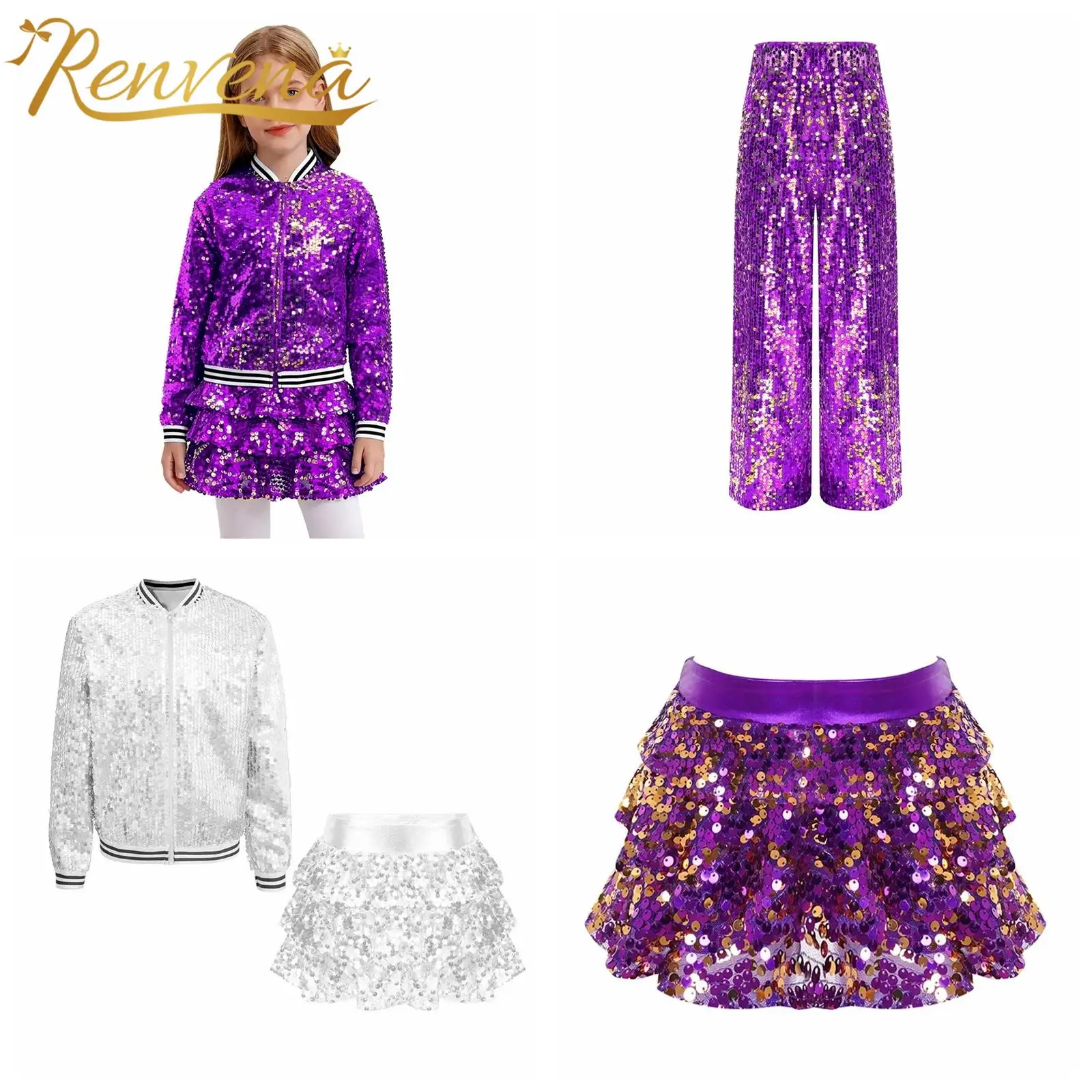 

Kids Girls Party Street Clothes Sets Glittery Sequin Outfits Jazz Dance Costume Childs Baseball Jackets Outerwear Ruffled Skirts