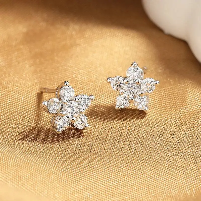 JellyStory Korean Style Pentagram Moissanite Earrings for Women, Elegant High-End Light Luxury Studs, Trendy Star Gift